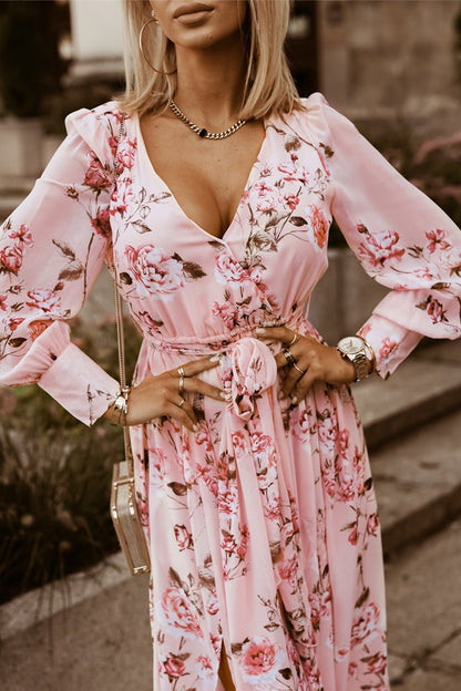 Floral Tie Belt Bishop Sleeve Slit Maxi Dress - Casual & Maxi Dresses - FITGGINS