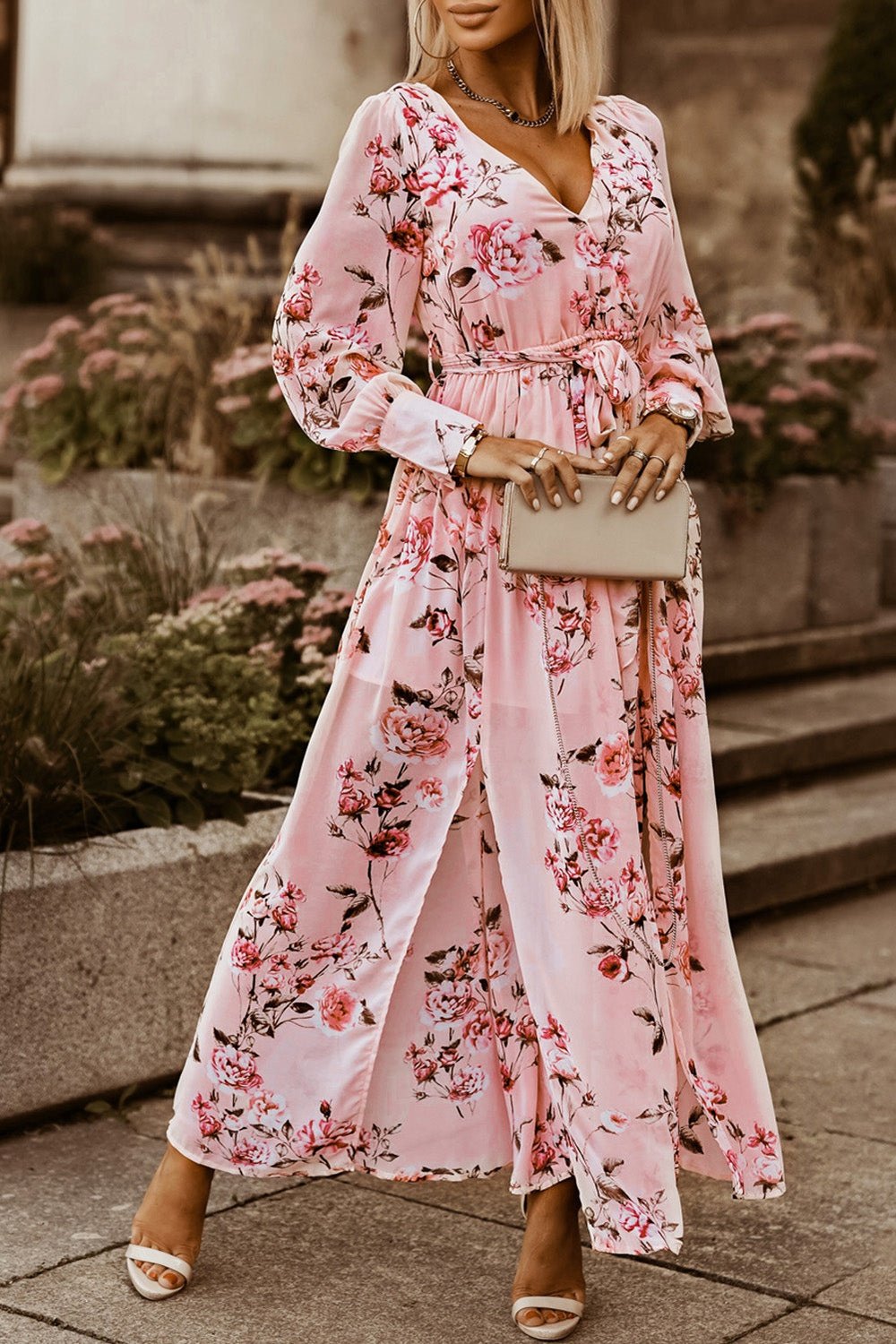 Floral Tie Belt Bishop Sleeve Slit Maxi Dress - Casual & Maxi Dresses - FITGGINS