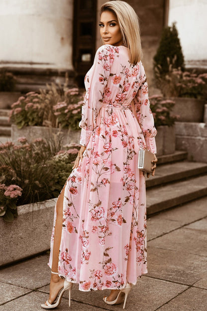 Floral Tie Belt Bishop Sleeve Slit Maxi Dress - Casual & Maxi Dresses - FITGGINS