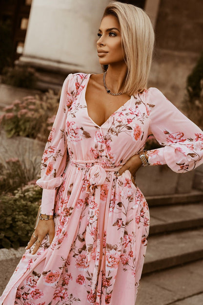 Floral Tie Belt Bishop Sleeve Slit Maxi Dress - Casual & Maxi Dresses - FITGGINS