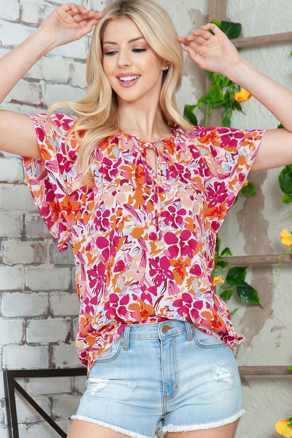 Floral Tie Neck Flutter Sleeve Blouse - Blouses - FITGGINS