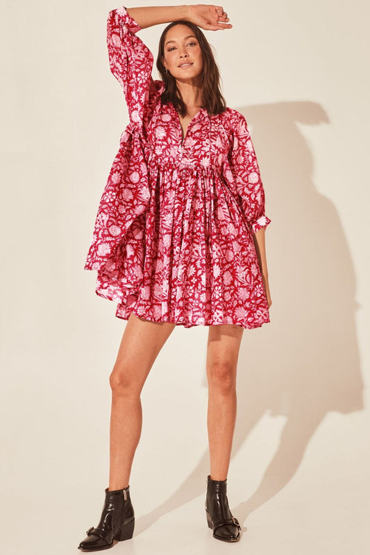 Floral Tie Neck Lantern Sleeve Dress - Casual & Maxi Dresses - FITGGINS