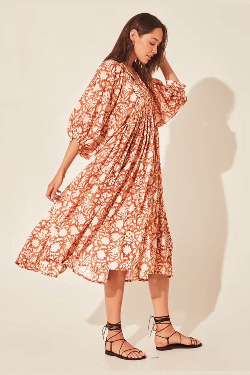 Floral Tie Neck Lantern Sleeve Dress - Casual & Maxi Dresses - FITGGINS