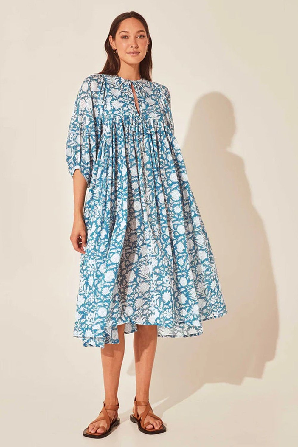 Floral Tie Neck Lantern Sleeve Dress - Casual & Maxi Dresses - FITGGINS