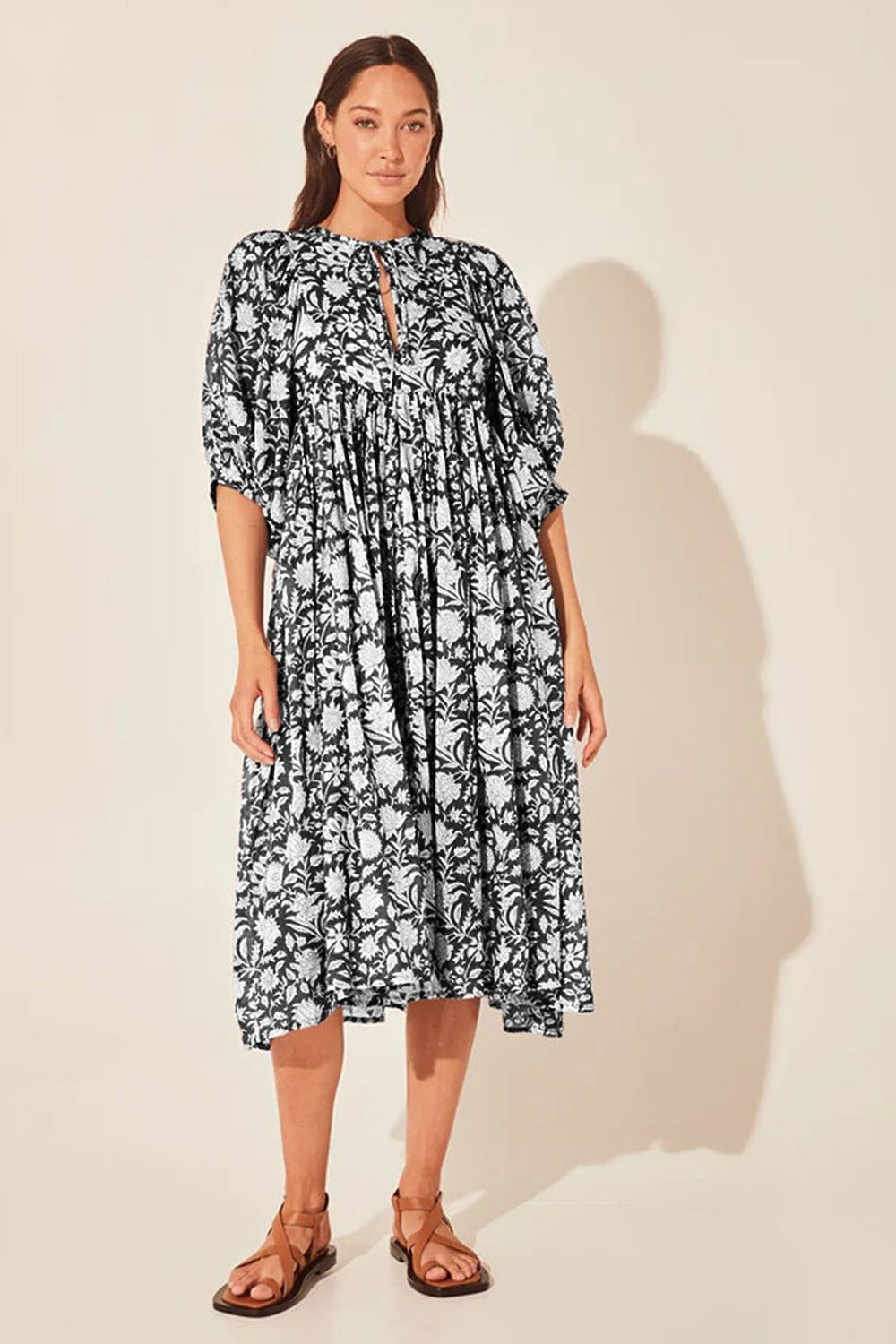 Floral Tie Neck Lantern Sleeve Dress - Casual & Maxi Dresses - FITGGINS