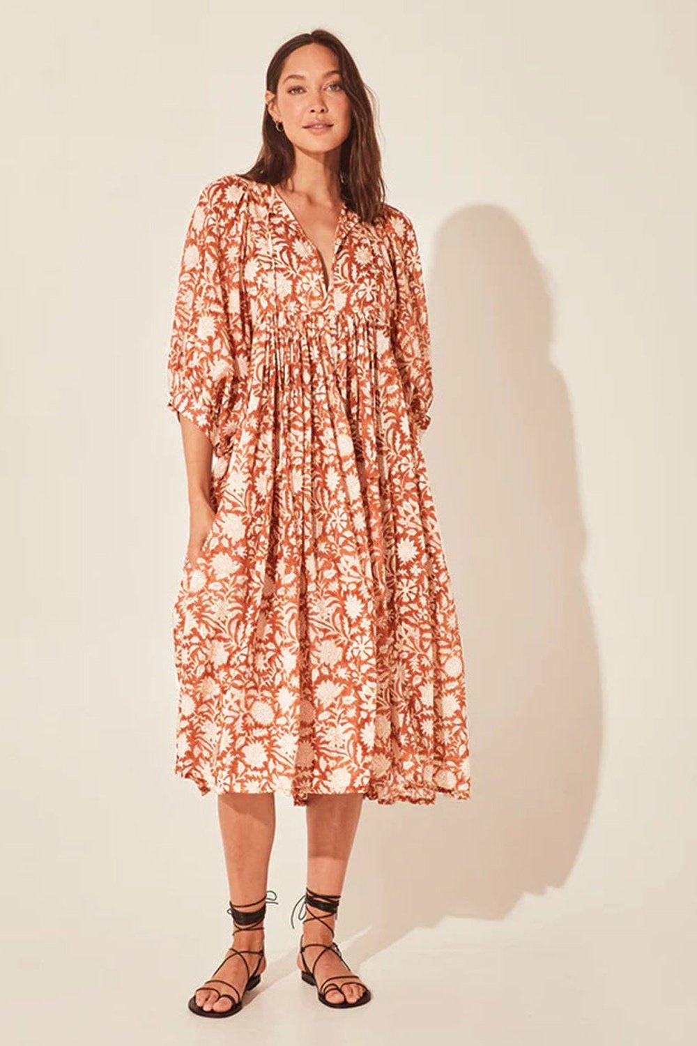 Floral Tie Neck Lantern Sleeve Dress - Casual & Maxi Dresses - FITGGINS