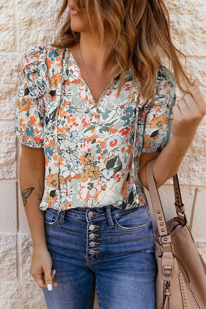 Floral Tie Neck Shoulder Detail Blouse - Blouses - FITGGINS