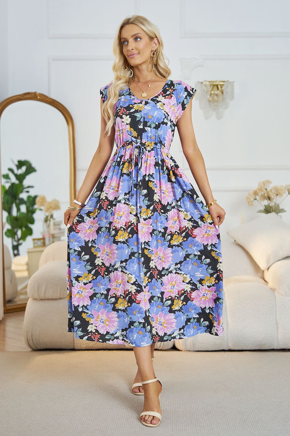 Floral V-Neck A-Line Midi Dress - Casual & Maxi Dresses - FITGGINS