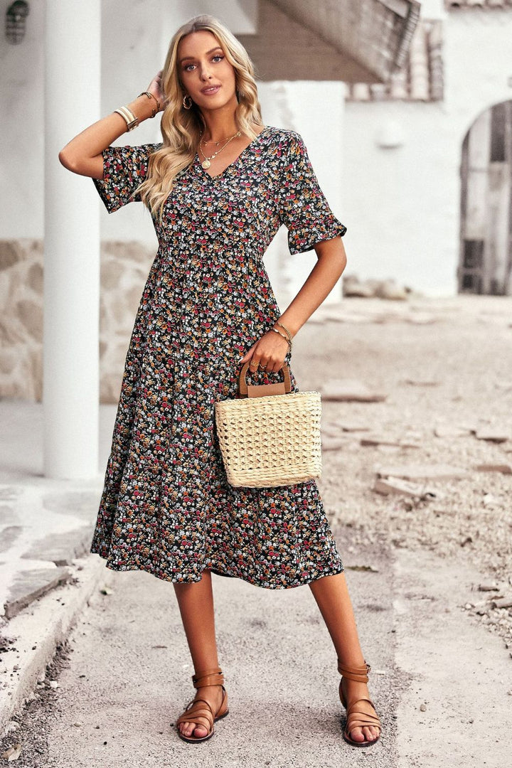 Floral V-Neck Flounce Sleeve Midi Dress - Casual & Maxi Dresses - FITGGINS