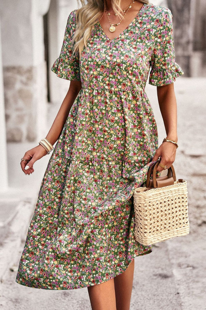 Floral V-Neck Flounce Sleeve Midi Dress - Casual & Maxi Dresses - FITGGINS