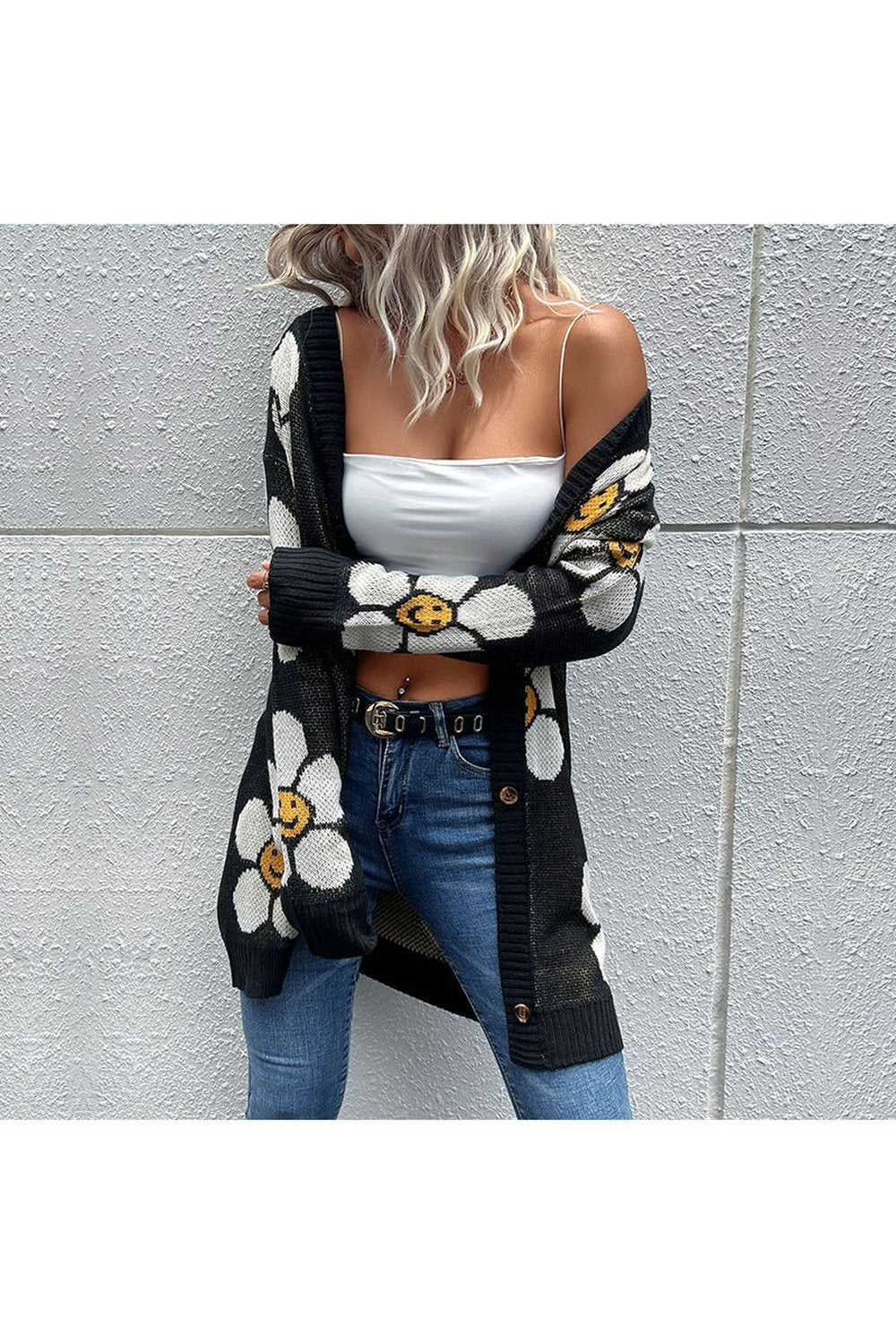 Floral Button Down Longline Cardigan - Cardigans - FITGGINS