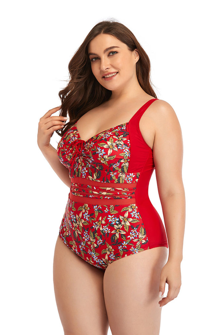 Floral Drawstring Detail One-Piece Swimsuit - Swimwear One-Pieces - FITGGINS