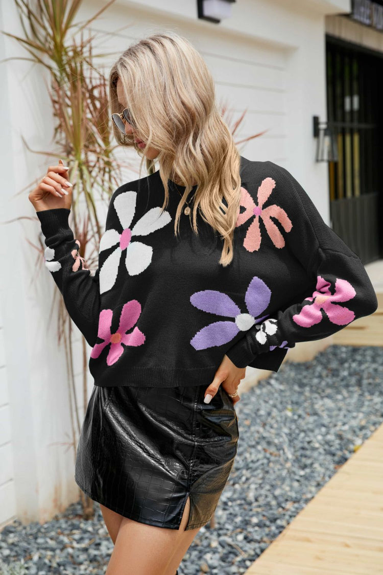 Floral Dropped Shoulder Ribbed Trim Sweater - Pullover Sweaters - FITGGINS