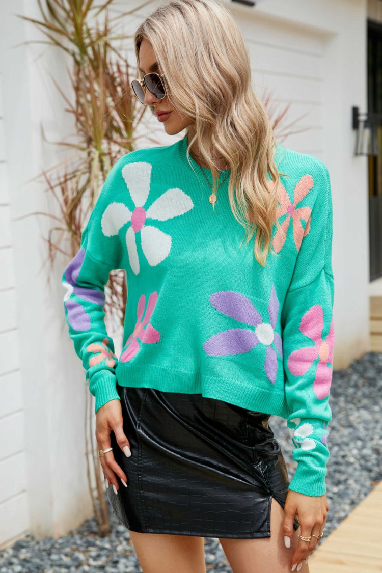 Floral Dropped Shoulder Ribbed Trim Sweater - Pullover Sweaters - FITGGINS