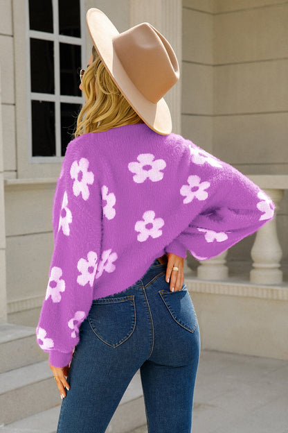 Floral Open Front Fuzzy Cardigan - Cardigans - FITGGINS