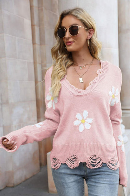 Flower Distressed Ribbed Trim Sweater - Pullover Sweaters - FITGGINS