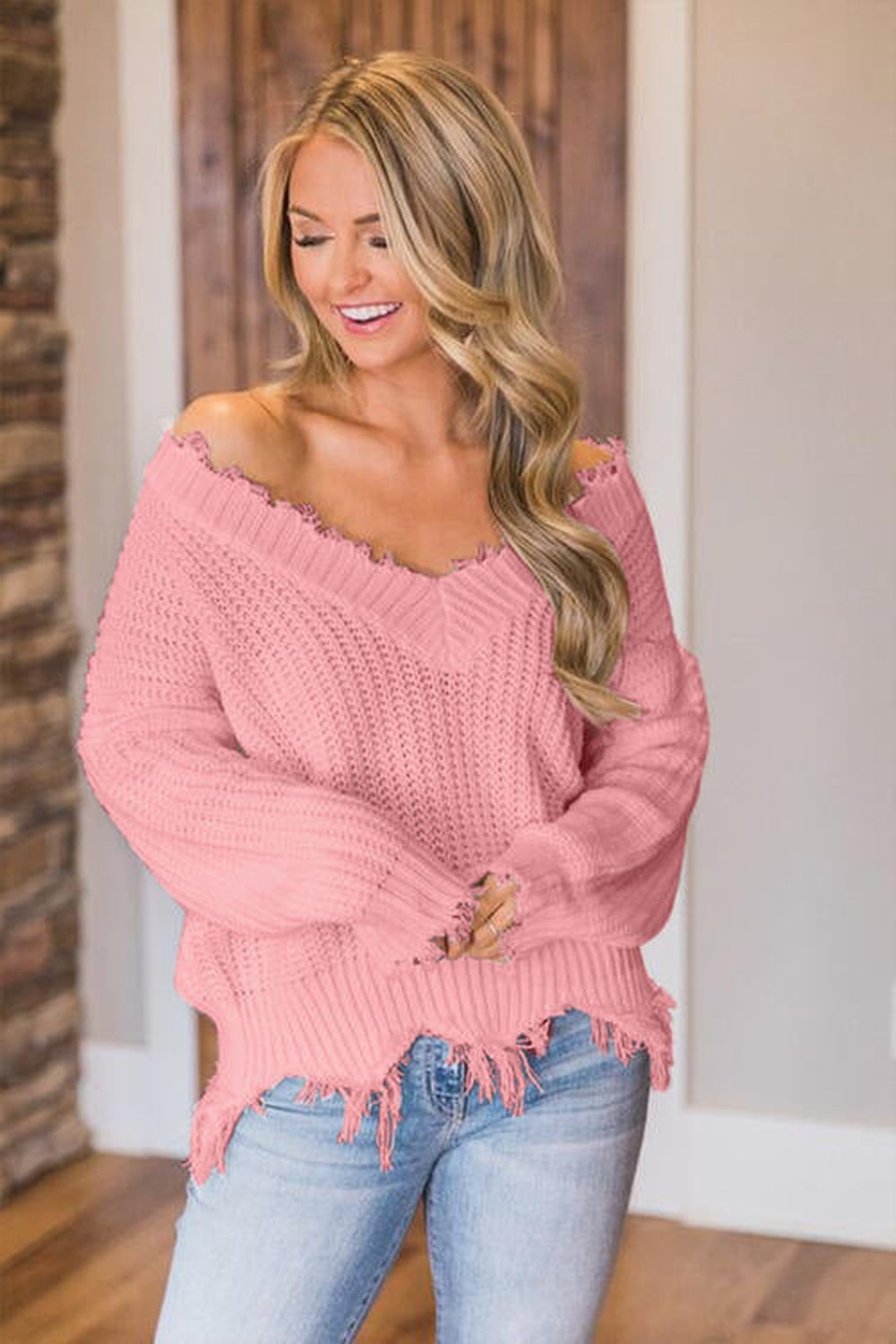 Frayed Hem Dropped Shoulder Sweater - Pullover Sweaters - FITGGINS