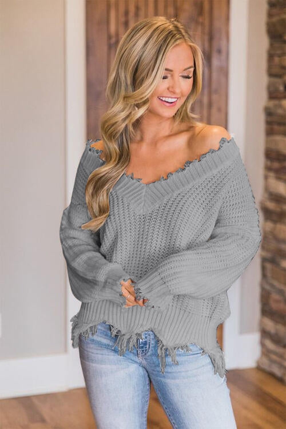 Frayed Hem Dropped Shoulder Sweater - Pullover Sweaters - FITGGINS