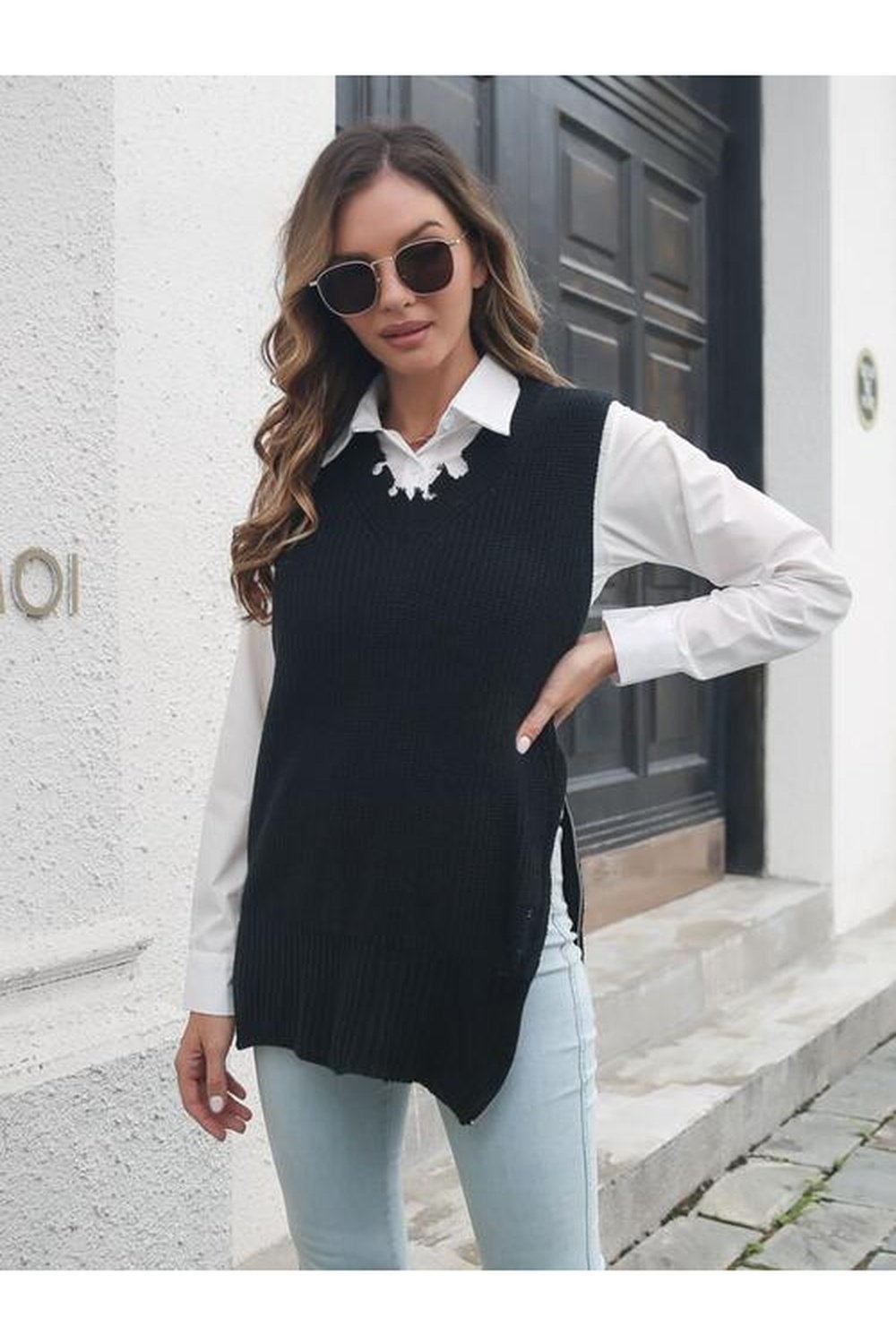 Frayed Hem Slit Sweater Vest - Pullover Sweaters - FITGGINS