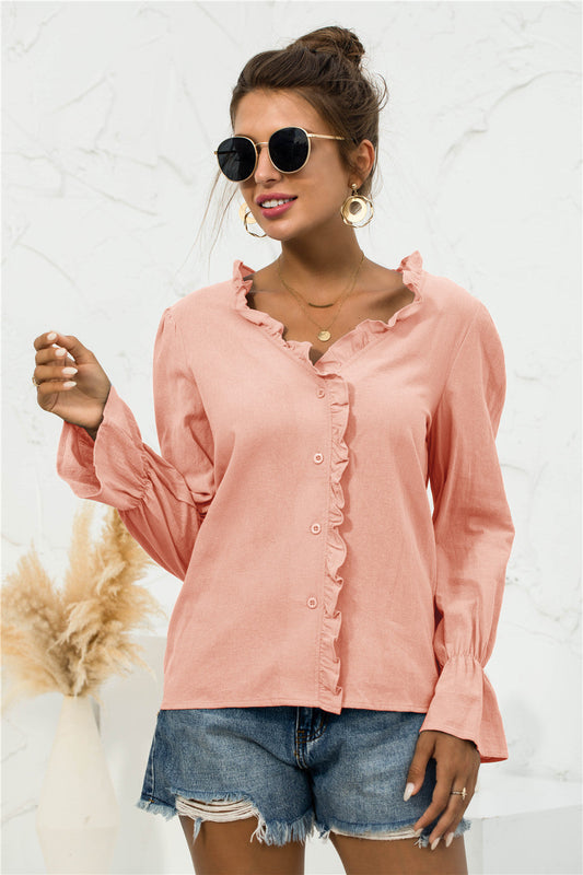 Frill Trim V-Neck Flounce Sleeve Shirt - Shirts - FITGGINS