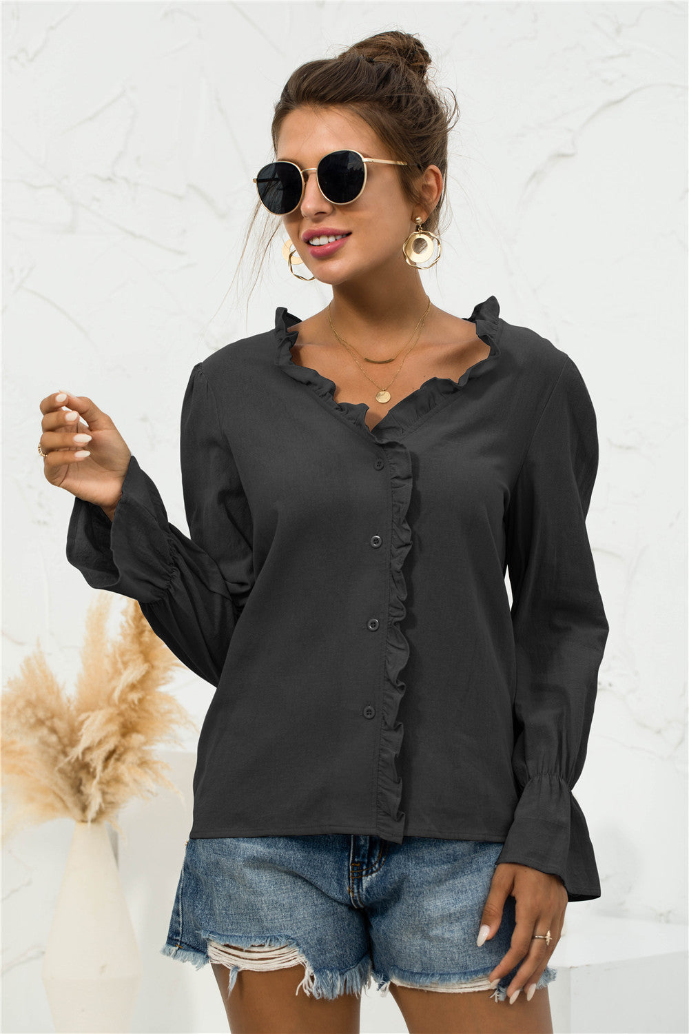 Frill Trim V-Neck Flounce Sleeve Shirt - Shirts - FITGGINS