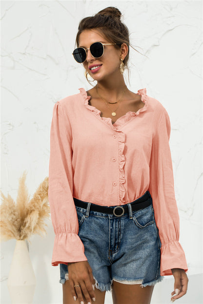 Frill Trim V-Neck Flounce Sleeve Shirt - Shirts - FITGGINS