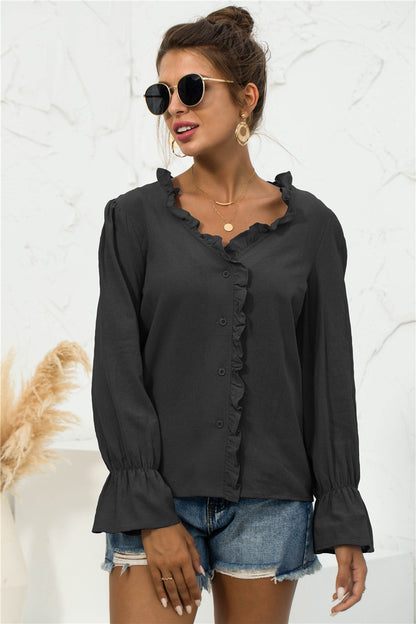 Frill Trim V-Neck Flounce Sleeve Shirt - Shirts - FITGGINS