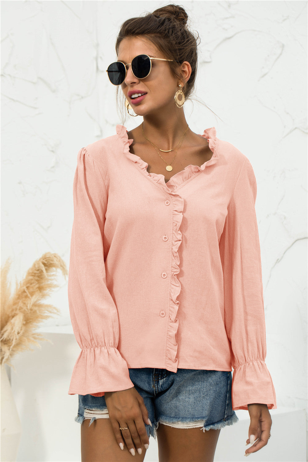 Frill Trim V-Neck Flounce Sleeve Shirt - Shirts - FITGGINS