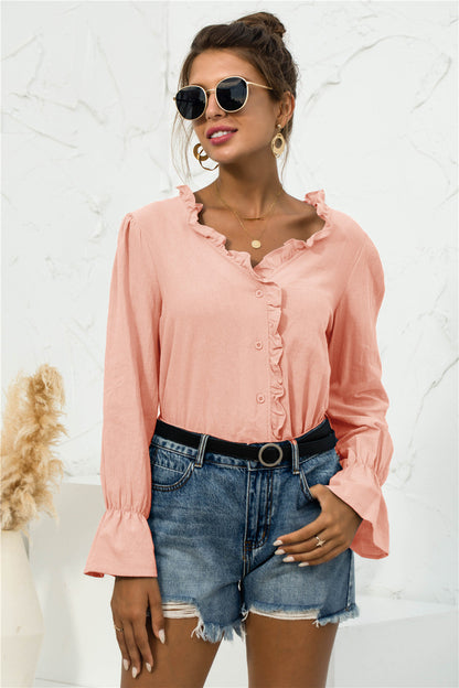 Frill Trim V-Neck Flounce Sleeve Shirt - Shirts - FITGGINS