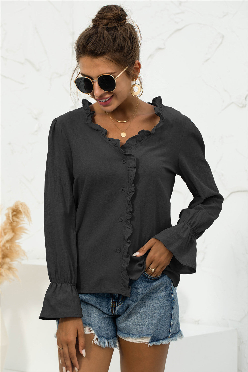 Frill Trim V-Neck Flounce Sleeve Shirt - Shirts - FITGGINS