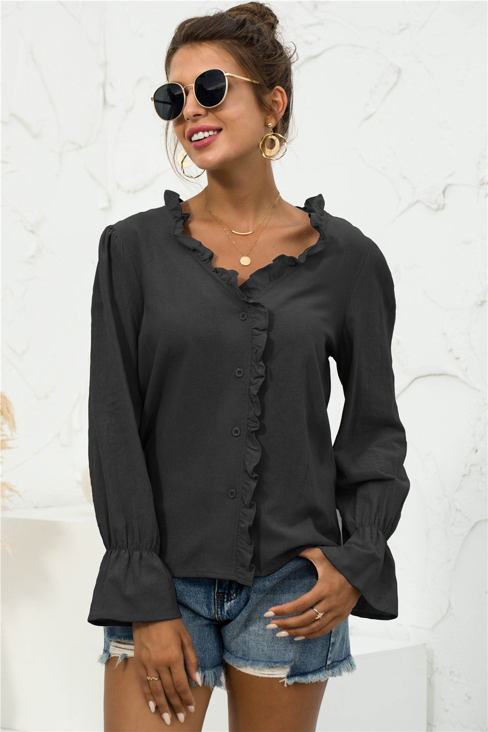 Frill Trim V-Neck Flounce Sleeve Shirt - Shirts - FITGGINS