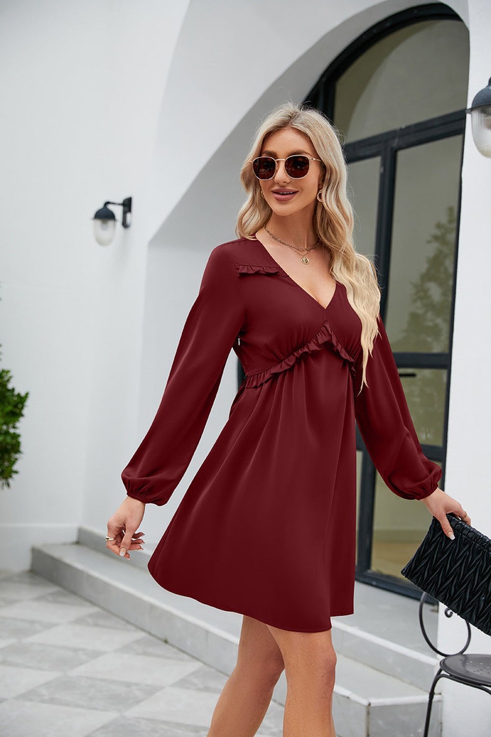 Frill Trim V-Neck Long Sleeve Dress - Casual & Maxi Dresses - FITGGINS