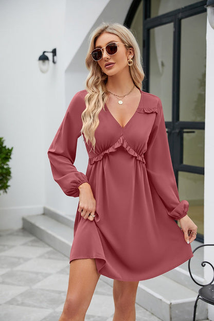 Frill Trim V-Neck Long Sleeve Dress - Casual & Maxi Dresses - FITGGINS