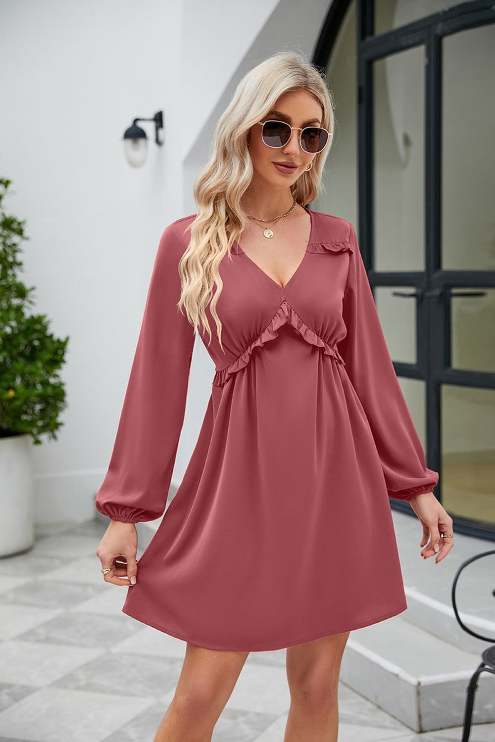 Frill Trim V-Neck Long Sleeve Dress - Casual & Maxi Dresses - FITGGINS