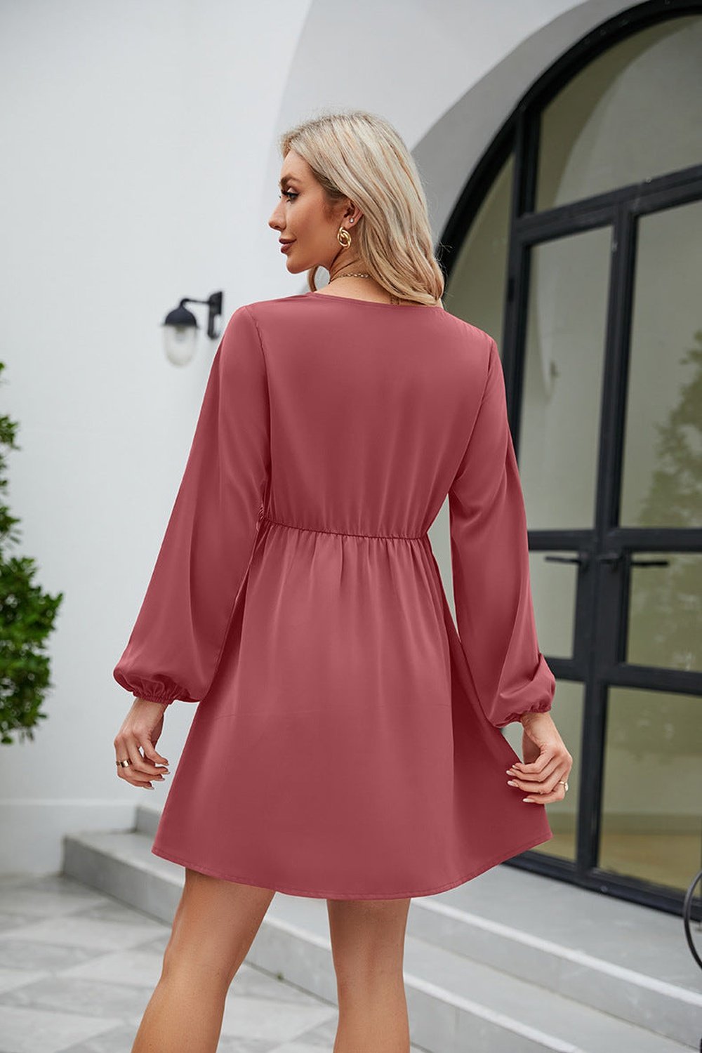 Frill Trim V-Neck Long Sleeve Dress - Casual & Maxi Dresses - FITGGINS