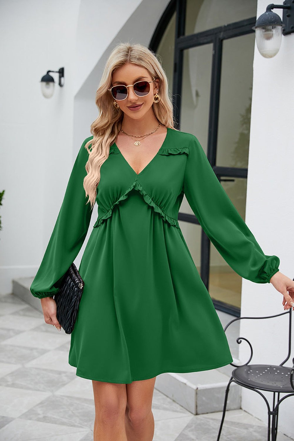 Frill Trim V-Neck Long Sleeve Dress - Casual & Maxi Dresses - FITGGINS