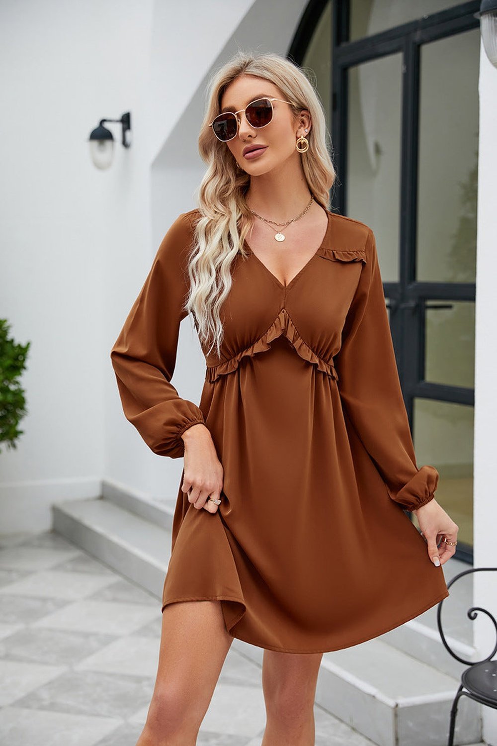 Frill Trim V-Neck Long Sleeve Dress - Casual & Maxi Dresses - FITGGINS