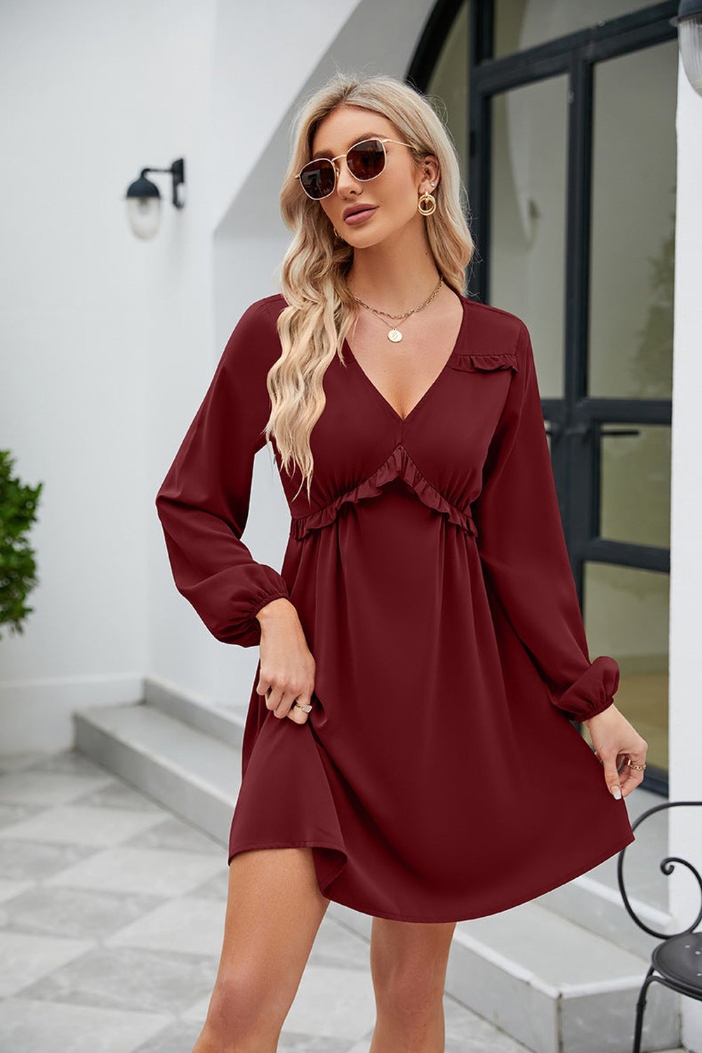 Frill Trim V-Neck Long Sleeve Dress - Casual & Maxi Dresses - FITGGINS