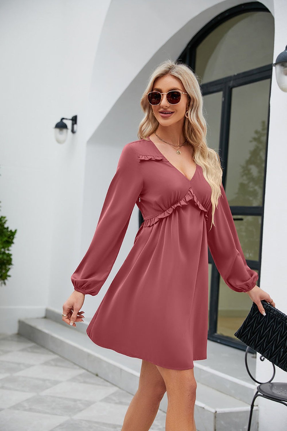 Frill Trim V-Neck Long Sleeve Dress - Casual & Maxi Dresses - FITGGINS