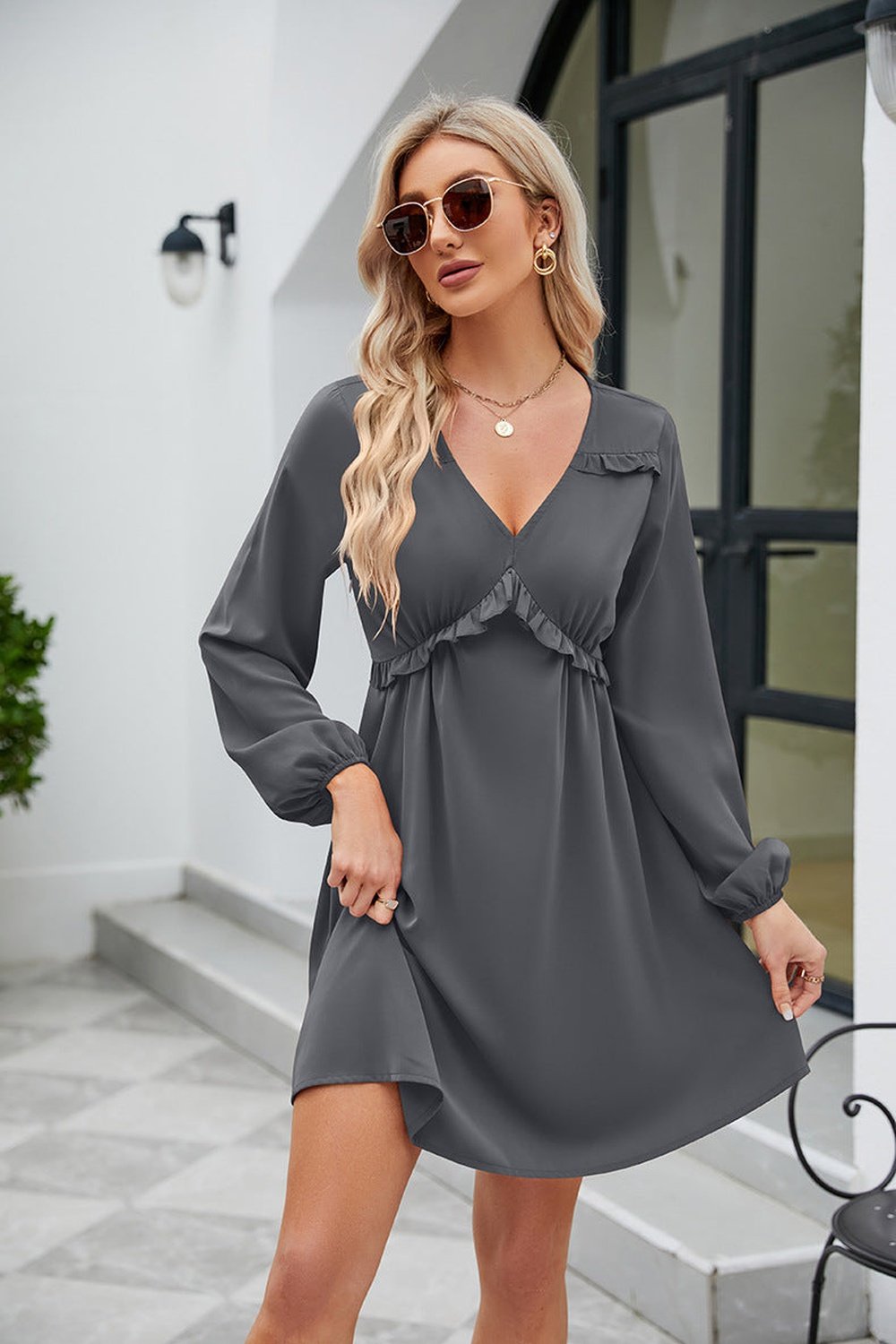 Frill Trim V-Neck Long Sleeve Dress - Casual & Maxi Dresses - FITGGINS