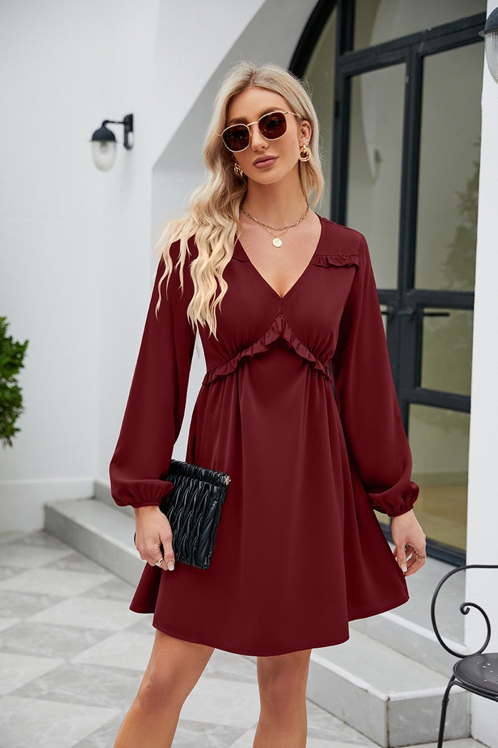 Frill Trim V-Neck Long Sleeve Dress - Casual & Maxi Dresses - FITGGINS