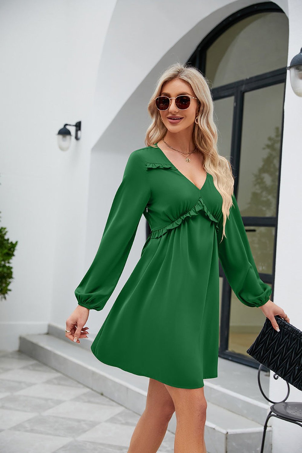 Frill Trim V-Neck Long Sleeve Dress - Casual & Maxi Dresses - FITGGINS