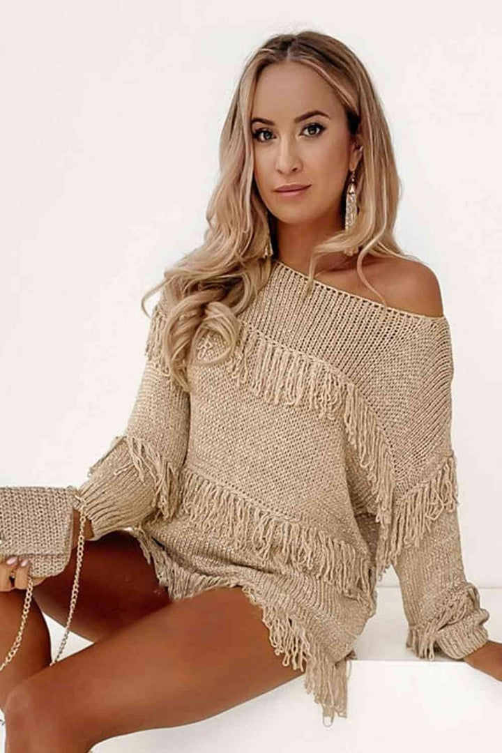 Fringe Detail Long Sleeve Sweater - Pullover Sweaters - FITGGINS