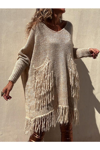 Fringe Detail Long Sleeve Sweater with Pockets - Pullover Sweaters - FITGGINS