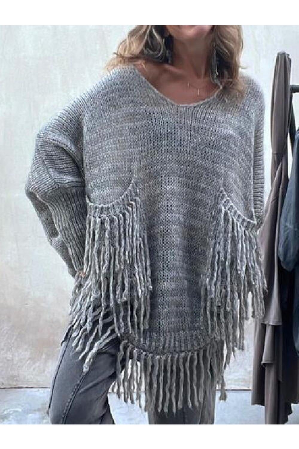 Fringe Detail Long Sleeve Sweater with Pockets - Pullover Sweaters - FITGGINS