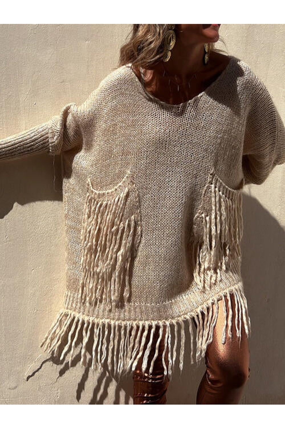 Fringe Detail Long Sleeve Sweater with Pockets - Pullover Sweaters - FITGGINS