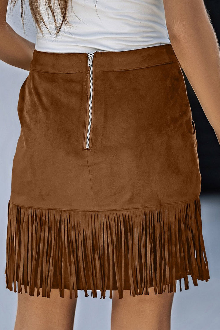 Fringe Detail Zip-Back Skirt with Pockets - Skirts - FITGGINS