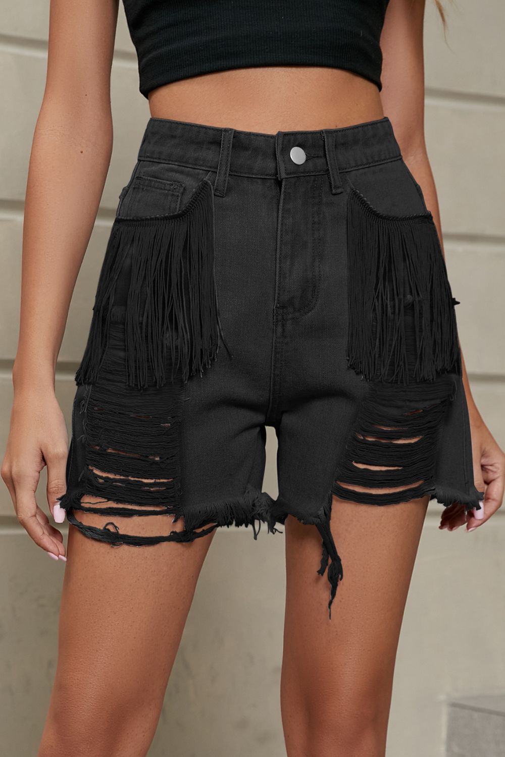 Fringe Trim Distressed Denim Shorts with Pockets - Denim Shorts - FITGGINS