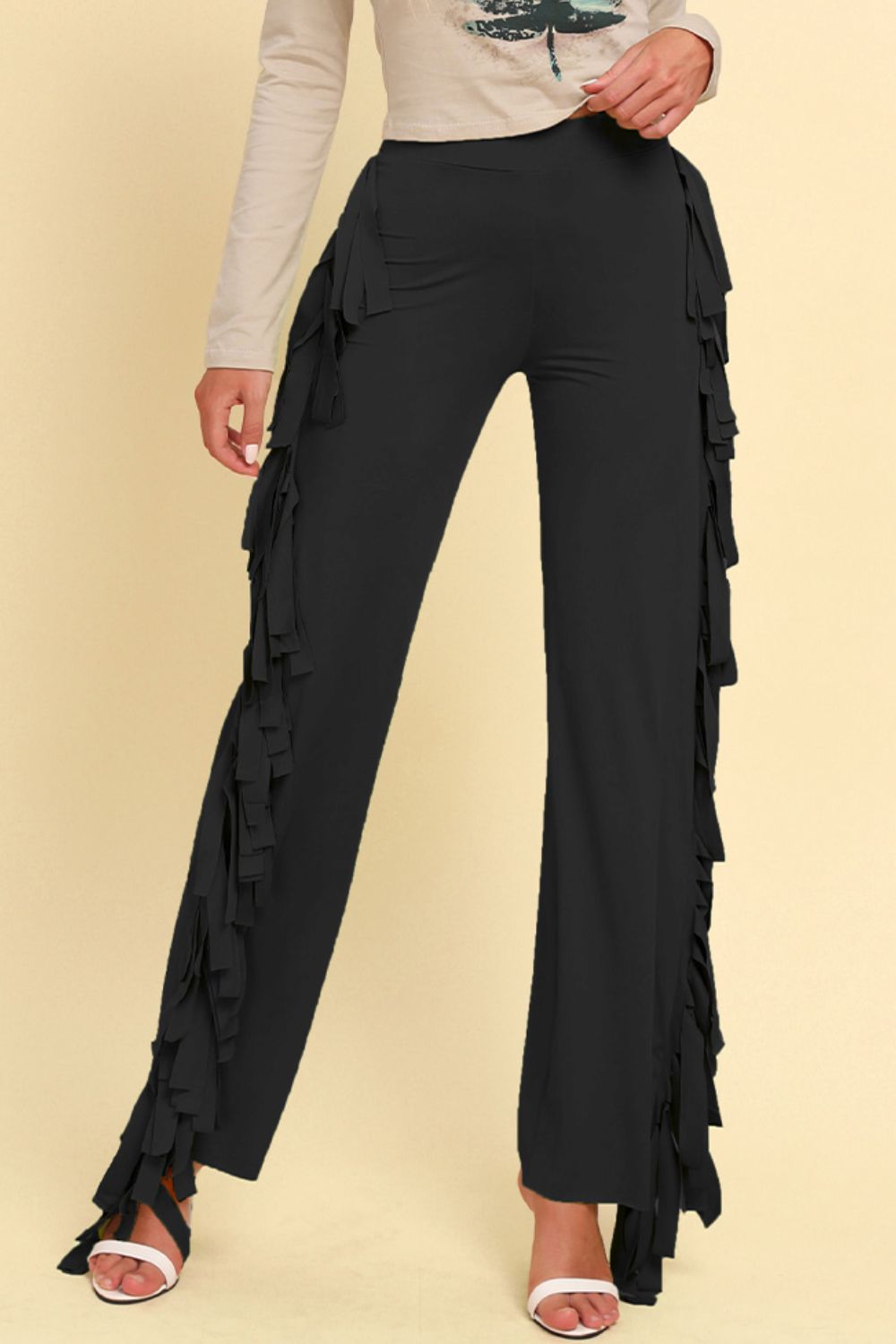 Fringe Trim Wide Leg Pants - Pants - FITGGINS