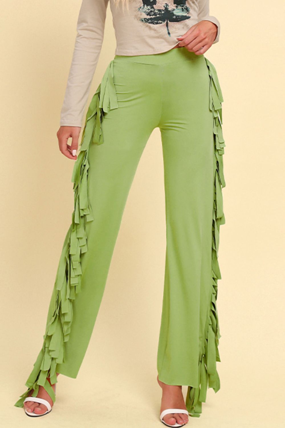 Fringe Trim Wide Leg Pants - Pants - FITGGINS